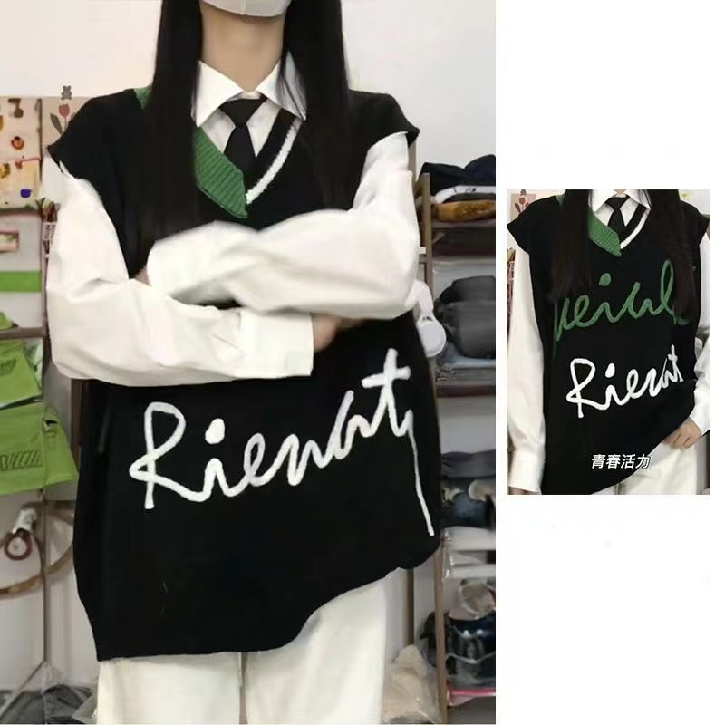 Suit women's autumn new simple loose long-sleeved shirt + Japanese contrasting color knitted waistcoat trendy two-piece set