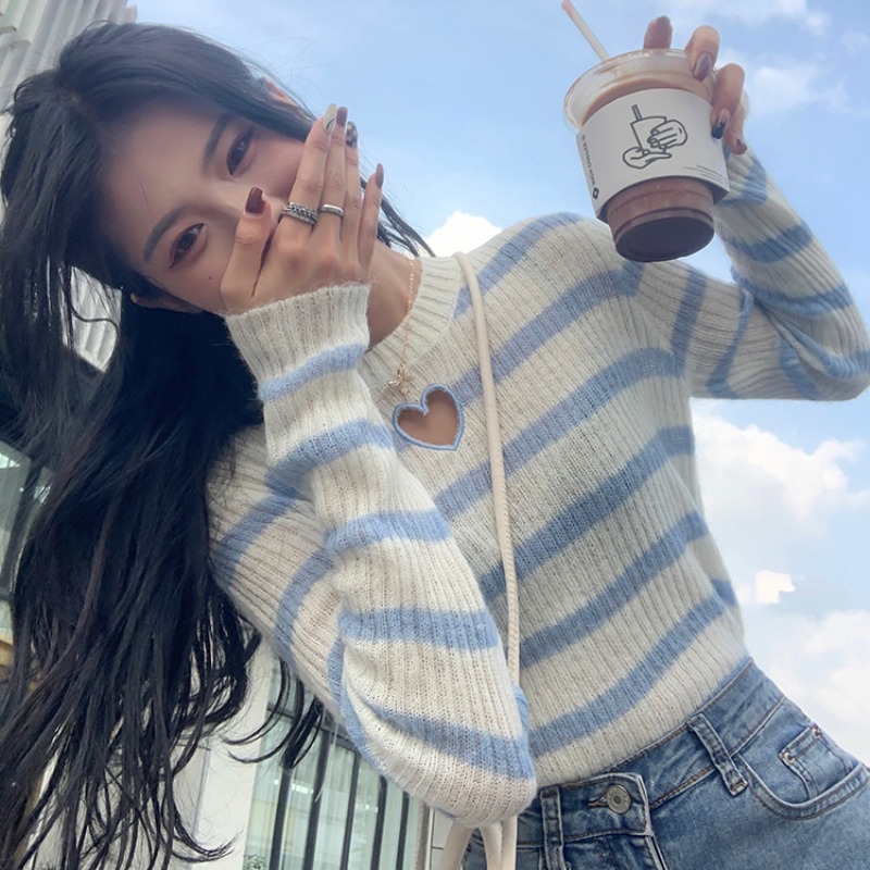 Striped love heart hollow chic sweater women's design niche versatile slim fit autumn and winter knitted bottoming shirt inner wear
