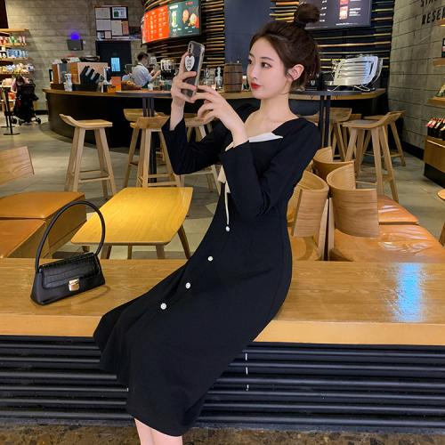 Autumn dress French retro tie bow femininity waist slimming long skirt Hepburn style little black dress