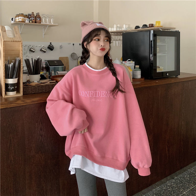 Thick medium-length fake two-piece sweatshirt for women 2023 Korean version loose letter embroidery plus velvet thickened jacket