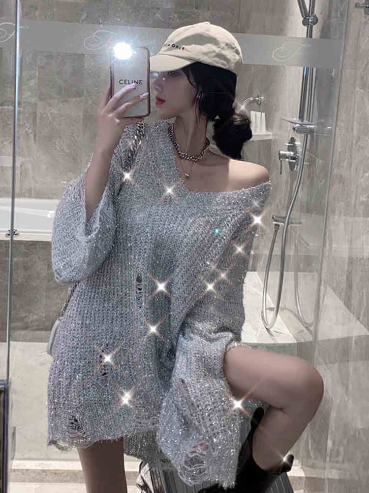 Silver bright silk ripped sweater women's off-shoulder top autumn new loose lazy mid-length sweater spring style