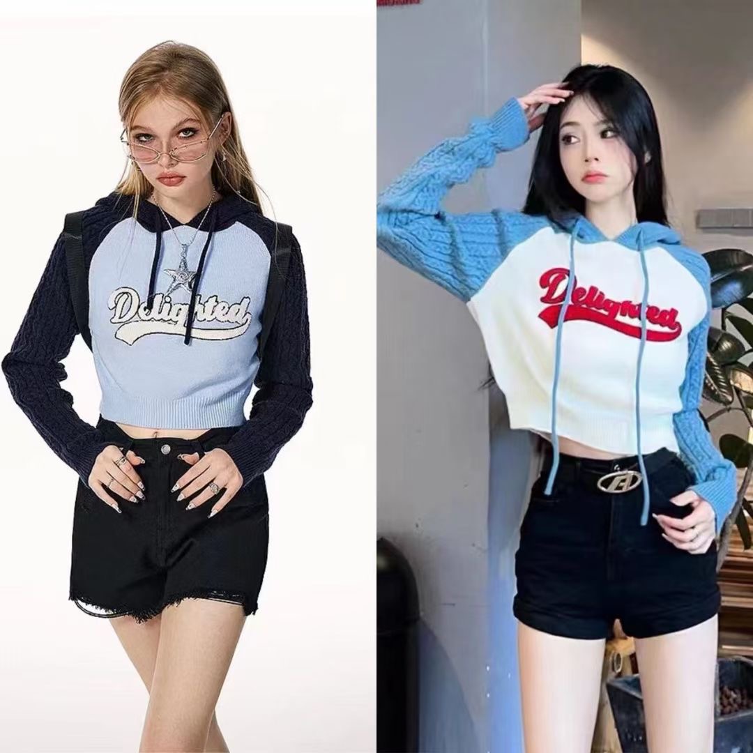 American retro hottie raglan sleeve knitted short hooded sweatshirt for women 2023 spring new style small fl