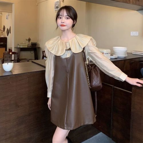 Large size sweet doll collar age-reducing shirt top spring and autumn 2023 new pu camisole dress suit women
