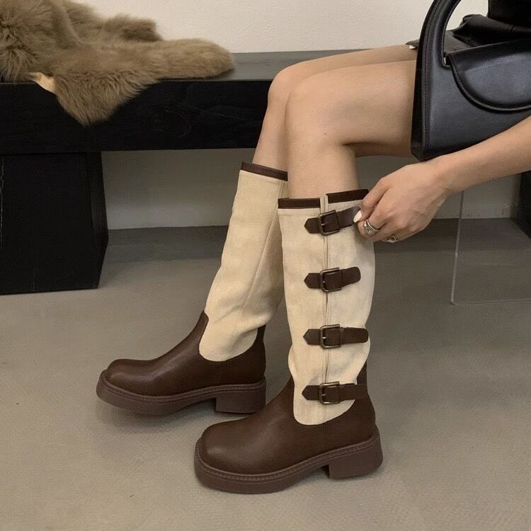 Small brown thick-soled long boots for women autumn 2023 new style western cowboy boots slim and thin long boots