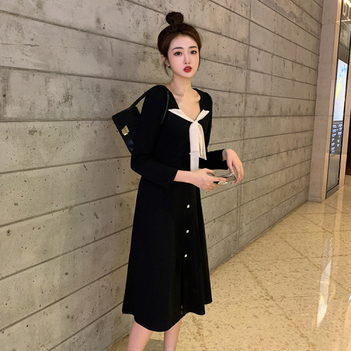 Autumn dress French retro tie bow femininity waist slimming long skirt Hepburn style little black dress