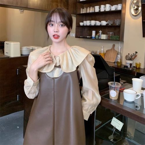 Large size sweet doll collar age-reducing shirt top spring and autumn 2023 new pu camisole dress suit women