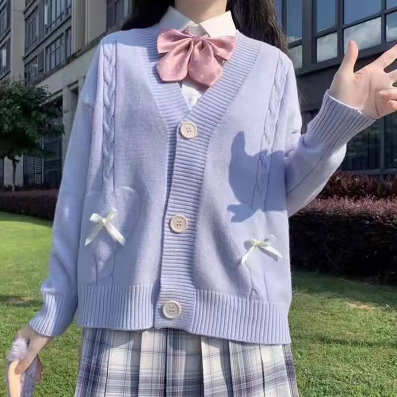 Sweet and cute bowknot sweater women's early autumn pink v-neck knitted cardigan small autumn short top tide