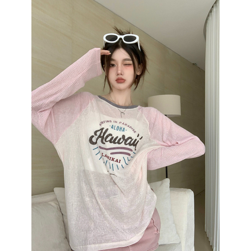 Raglan sleeves long-sleeved sunscreen T-shirt women's summer new Korean letter printing contrast color mid-length versatile top trend