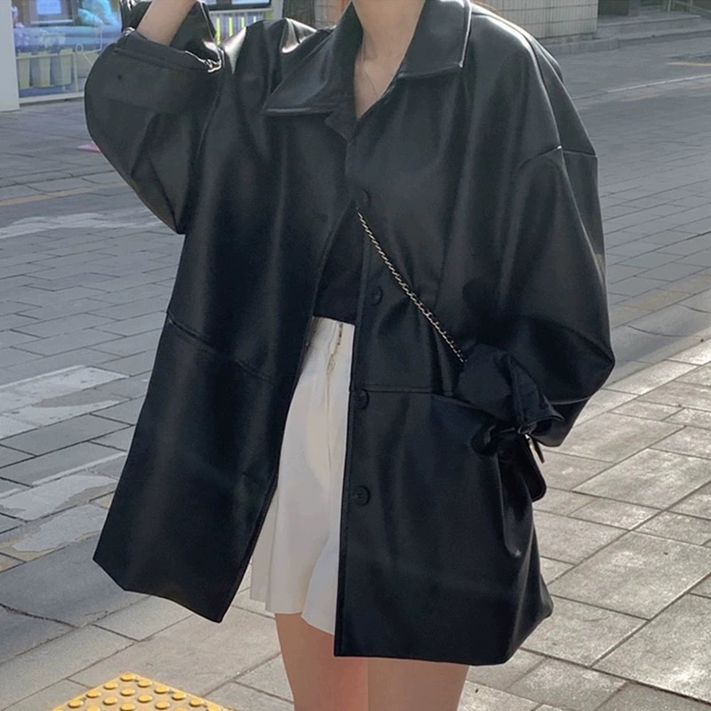 Korean handsome lapel single-breasted commuter leather coat women's autumn new loose and versatile imitation leather jacket tops
