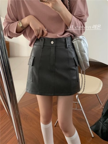 THE LEMON lemon green tea autumn American retro niche tooling high waist thin solid color a-line skirt leather skirt