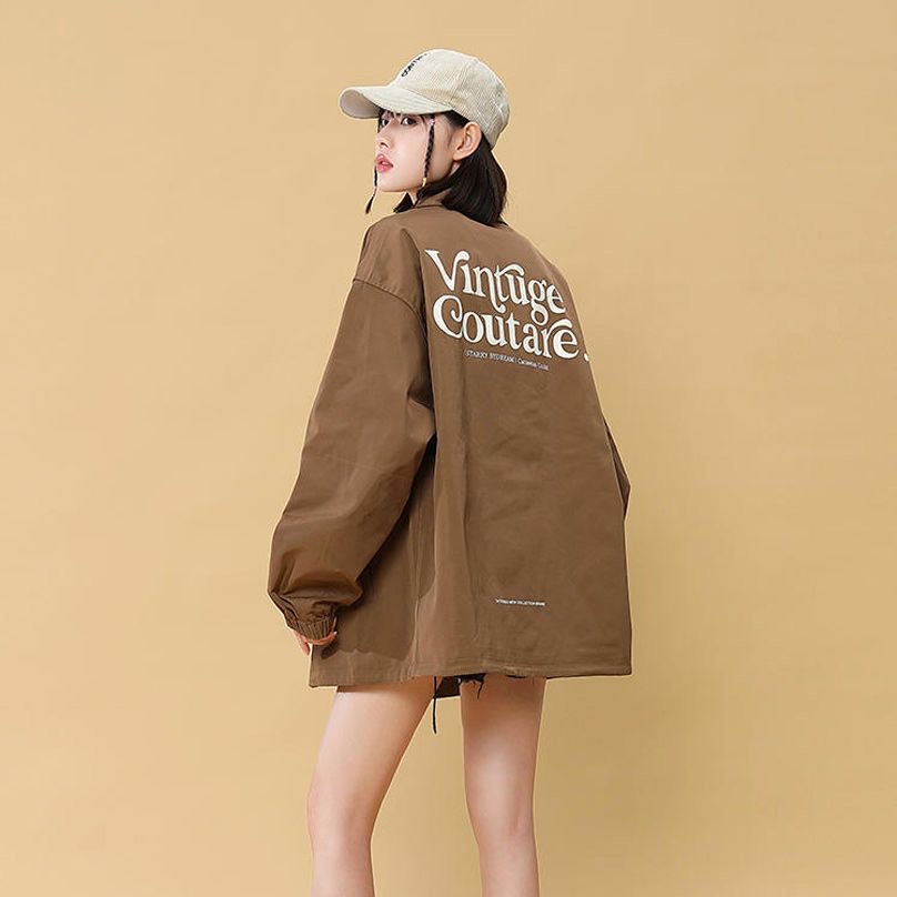 American bf retro print solid color lapel jacket women's clothing student autumn and winter tide loose casual trend jacket