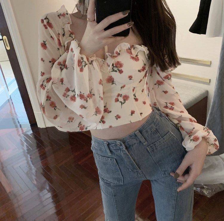 Square collar floral nightclub shirt for women autumn new 2023 Korean fashion shirt sexy slim short top trendy