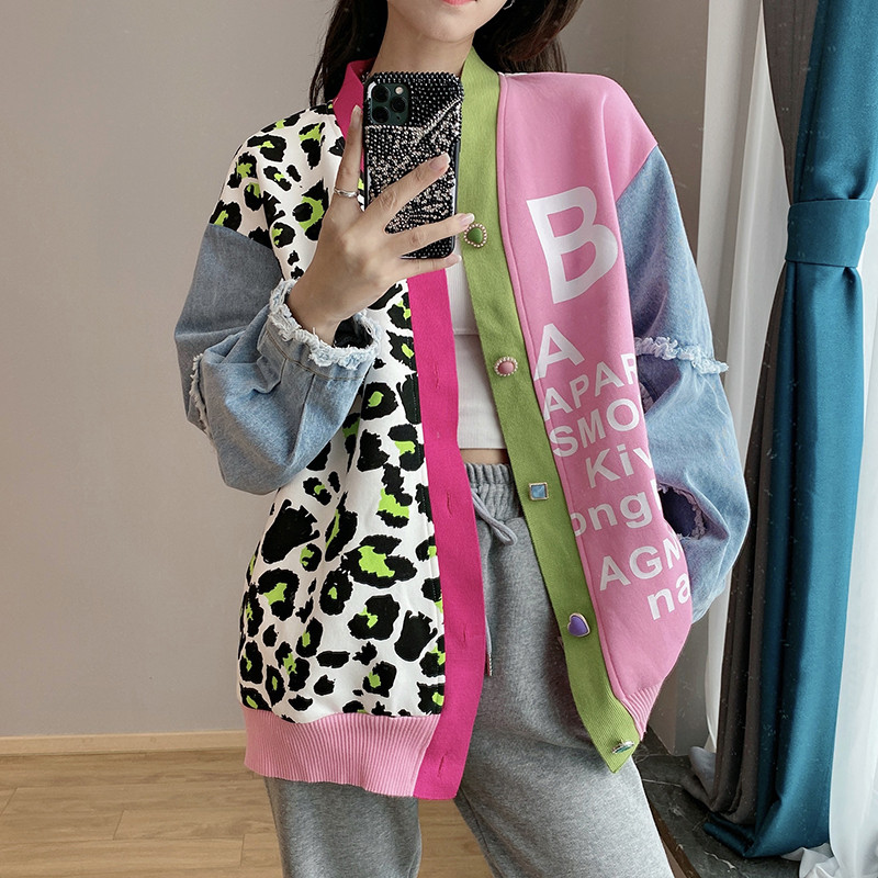 Fashionable leopard print knitted jacket autumn 2023 new style spliced ​​denim short top for women European goods trendy European station