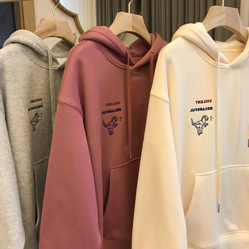 2023 Fat MM Embroidered Dinosaur Loose Hooded Casual Plush Thickened Sweater Extra Large Size Autumn and Winter Coat Trendy