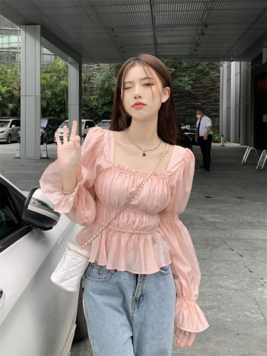 Korean style square collar puff sleeve shirt women's autumn 2023 new design sense waist slimming short long-sleeved top