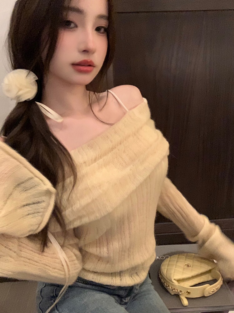 Pure desire hazy pullover sweater for women autumn three-dimensional flower one-shoulder sweater