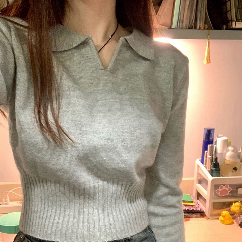 Gray waist bottoming knitted sweater women's autumn and winter front shoulder sweater slim polo sweet short beautiful top