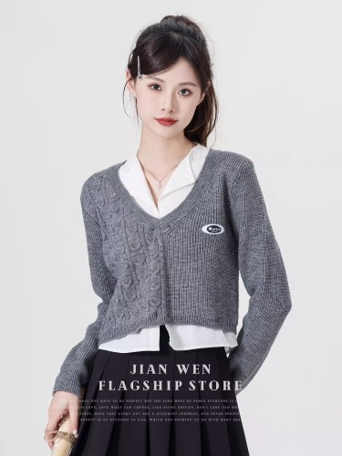 College style short design patchwork long-sleeved shirt V-neck knitted top