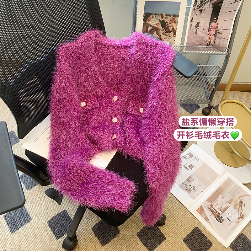 韓版溫柔軟糯針織開衫女秋冬顯白玫紅色毛衫高級感短款毛衣