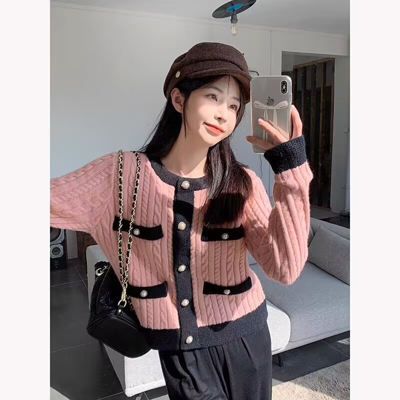 Pink sweater for women in autumn and winter new style small sweet age-reducing French socialite small fragrance style knitted cardigan jacket for women