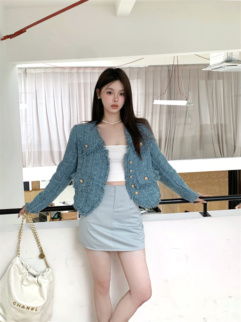 ~High-quality heavy-duty tweed tassel raw edge gold buckle small fragrant style lady jacket