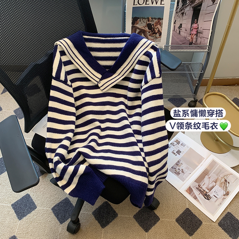 Korean versatile autumn and winter new loose and lazy style navy collar striped long-sleeved pullover sweater for women