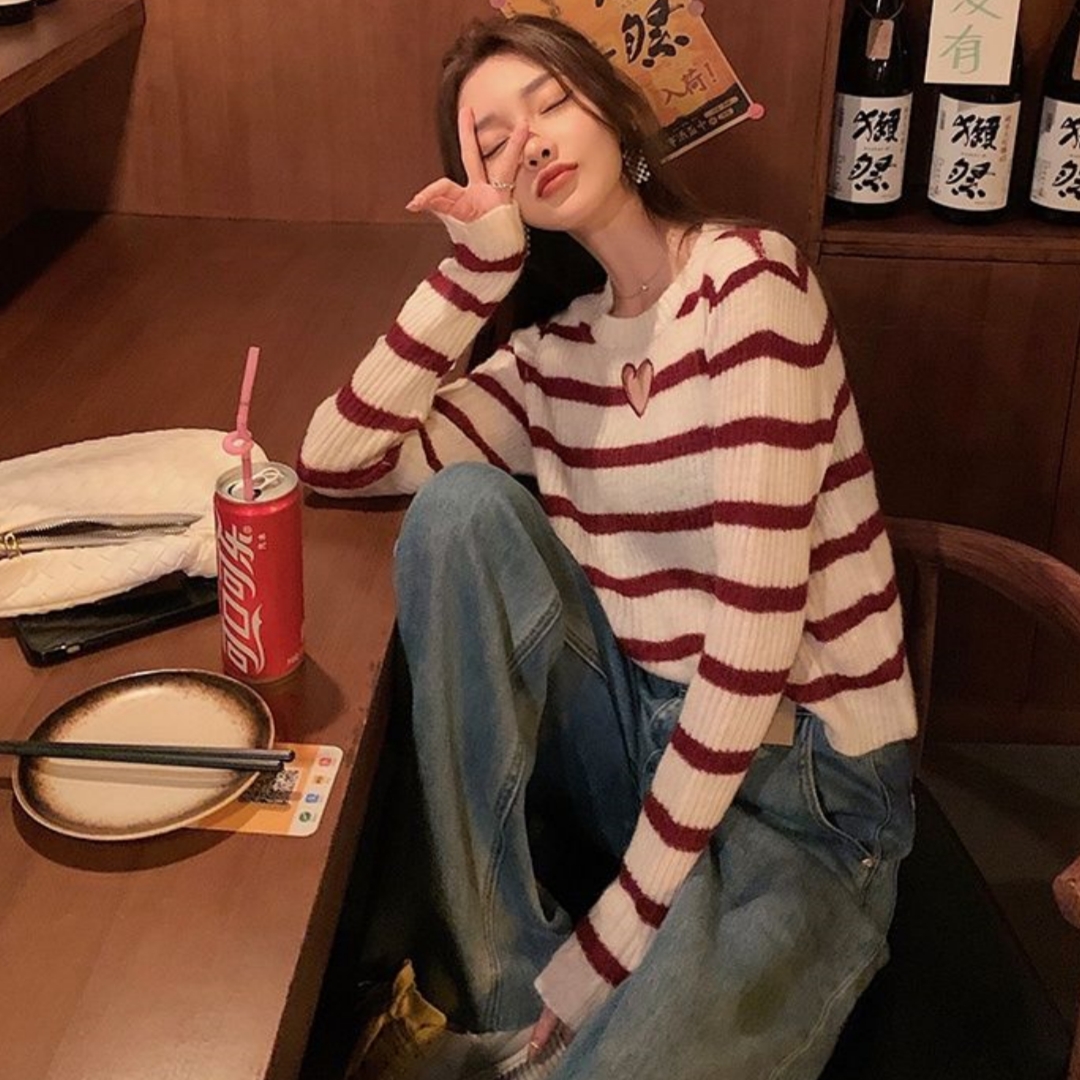 Striped love heart hollow chic sweater women's design niche versatile slim fit autumn and winter knitted bottoming shirt inner wear