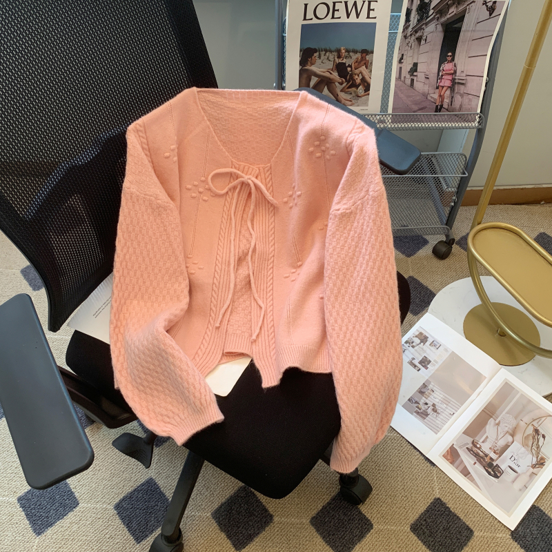 2023 strappy knitted cardigan women's short autumn new lantern sleeve sweater jacket design niche