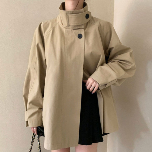 Korean chic autumn retro niche stand-up collar two-button design loose casual long-sleeved windbreaker jacket for women