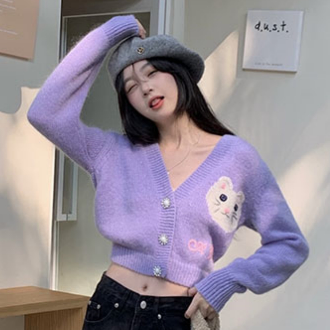 Cat embroidered V-neck purple small fragrance sweater cardigan autumn and winter slim short knitted jacket sweet top for women