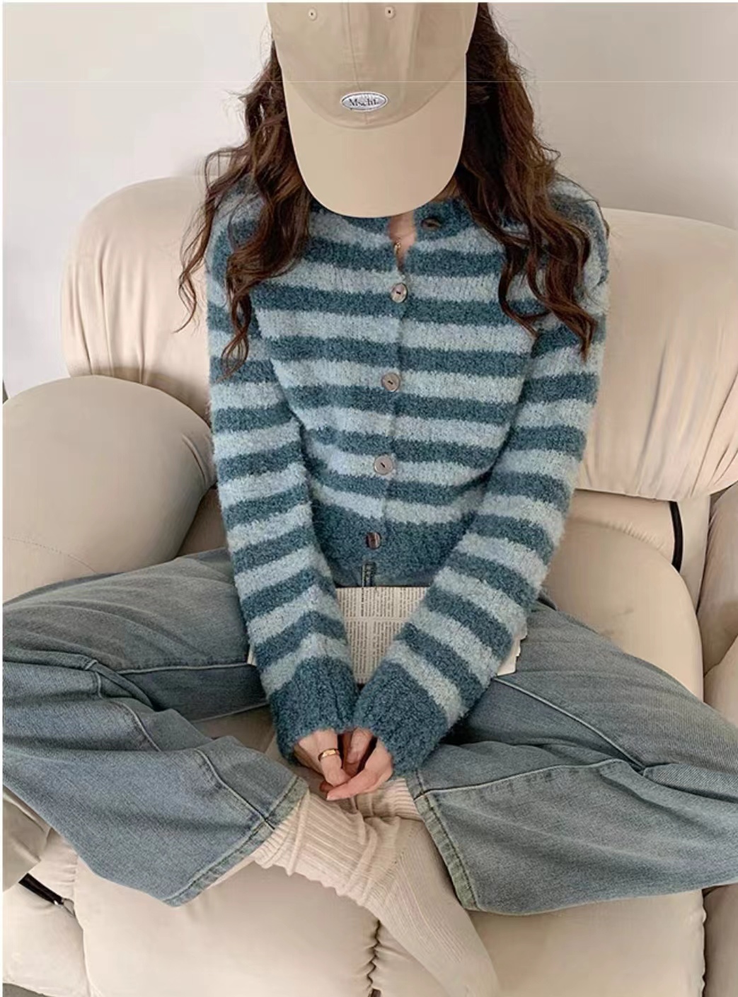 2023 new autumn Korean style fashion simple retro soft waxy striped long-sleeved cardigan jacket top for women