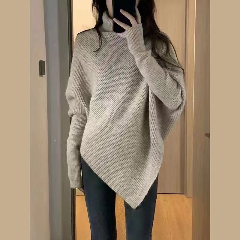 2023 autumn and winter new soft and lazy style irregular turtleneck sweater women's niche knitted sweater thickened top