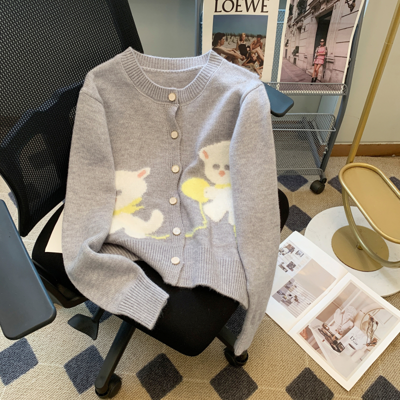 學院風重工小貓刺繡圓領針織開衫外套女秋季甜美短款上衣
