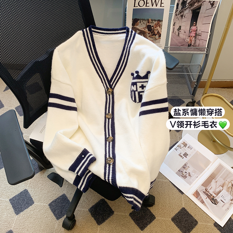 學院風刺繡針織開衫女2023年春秋新款韓版寬鬆小個子休閒外套