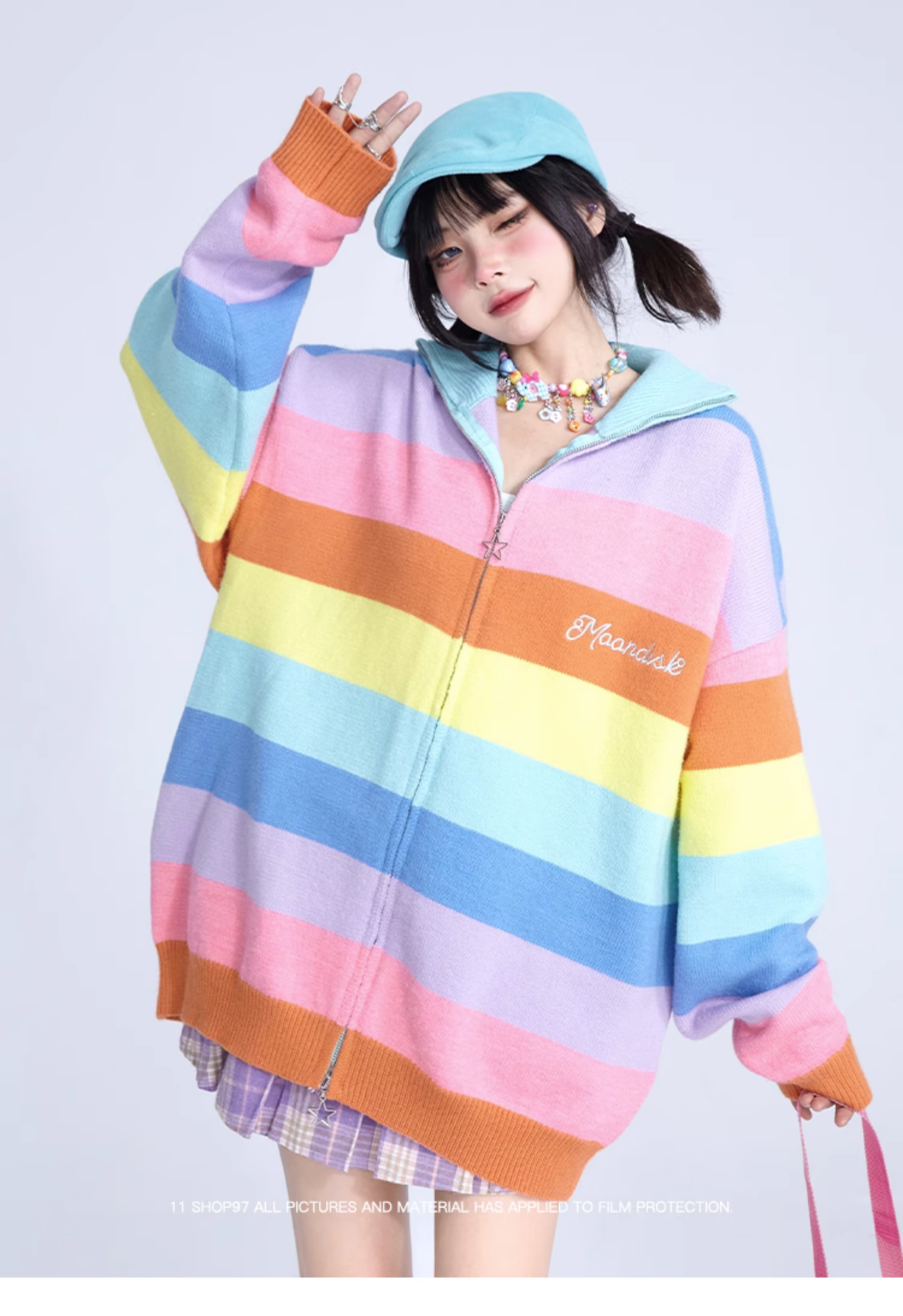 Rainbow Striped Sweater Coat Sweetheart Barbie Girl Knitted Sweater Lazy Style Zip Cardigan