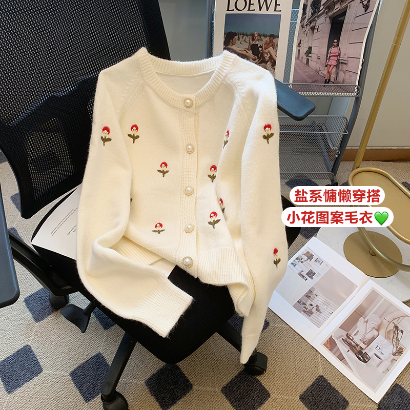 小香風復古文藝刺繡小花開衫女2023春秋新款短外套毛衣女