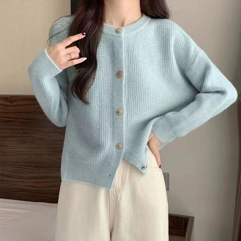 Gentle wind soft glutinous knitted cardigan women's autumn and winter new small fragrant wind round neck high-quality sweater coat
