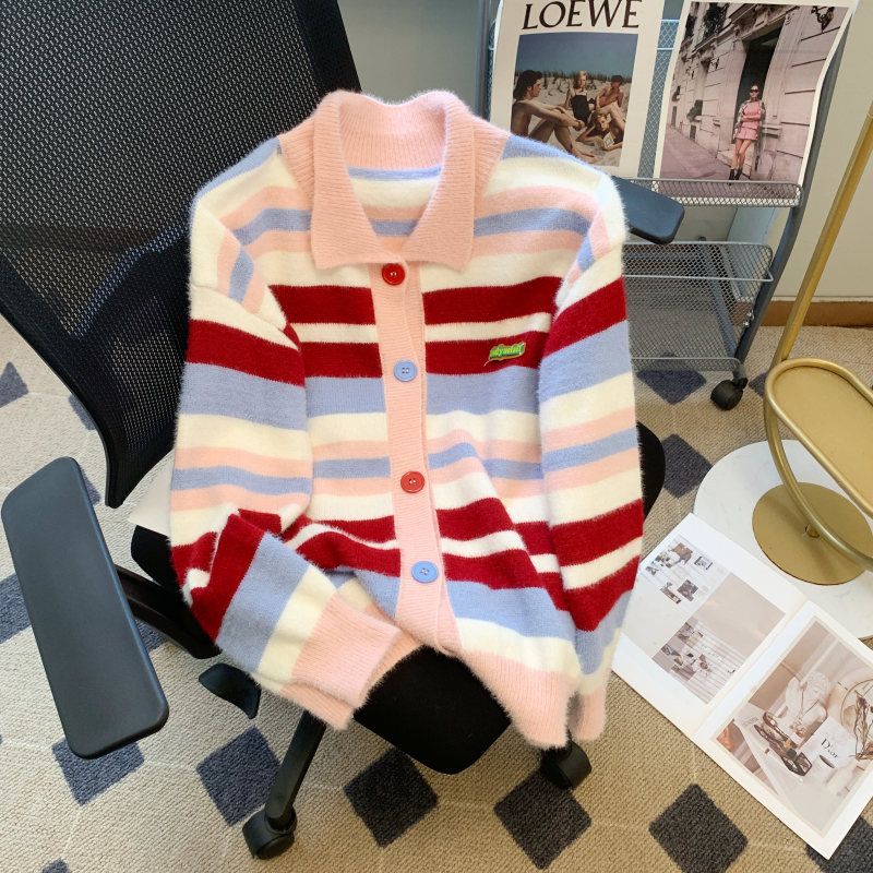 Sweet dopamine wear splicing striped sweater women's autumn loose knitted cardigan jacket