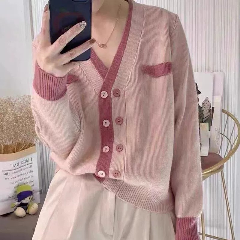New autumn clothing for women Korean style loose solid color western style double breasted wool cardigan versatile casual soft waxy sweater jacket