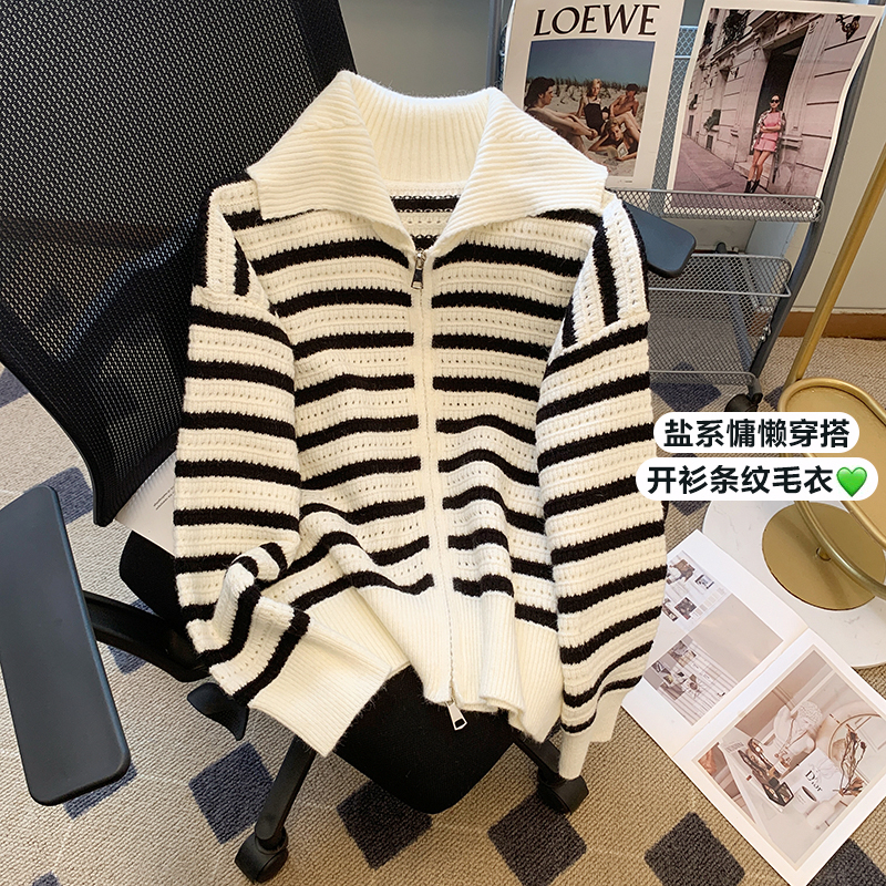 Lapel lazy style knitted cardigan women's coat autumn and winter 2023 new loose casual sweater top