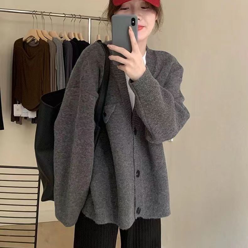 New autumn and winter retro lazy style sweater cardigan jacket women's fashionable versatile loose knitted sweater top for outer wear