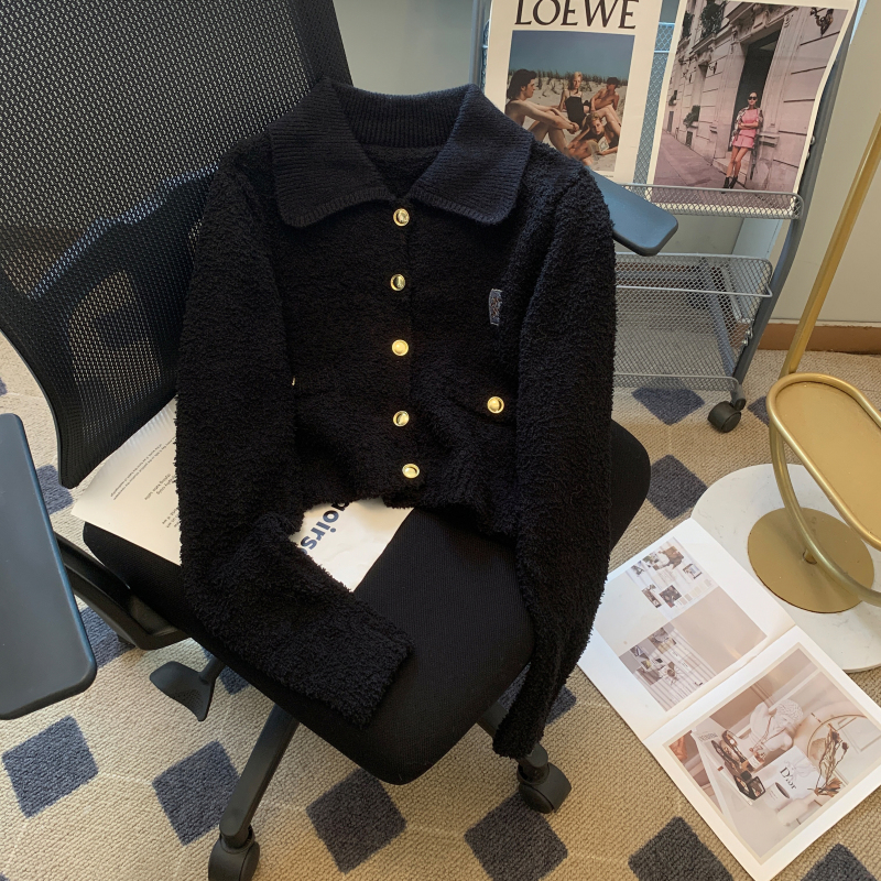 2023 autumn new style Xiaoxiangfeng snow Neil lapel short cardigan sweater jacket women