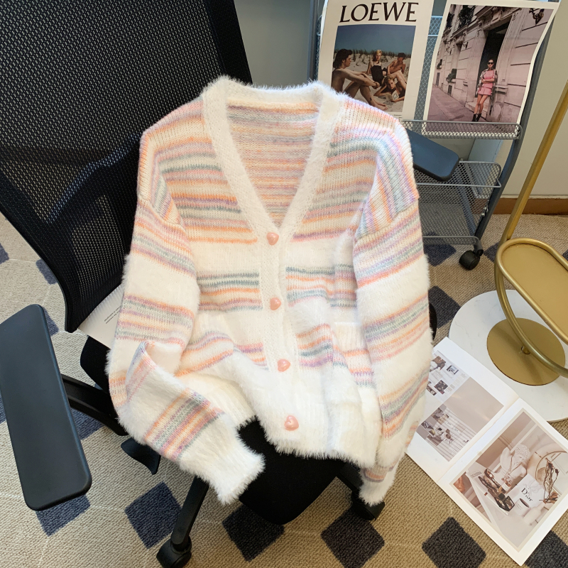 "Rainbow Toffee" Wool Fragrance Style Loose Lazy Style Striped Knitted Cardigan Sweater Women's Jacket