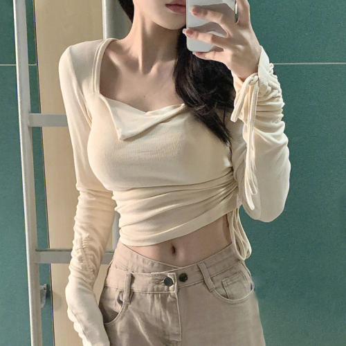 Hot girl square neck long-sleeved T-shirt for women spring design with chic inner top for women ins trend