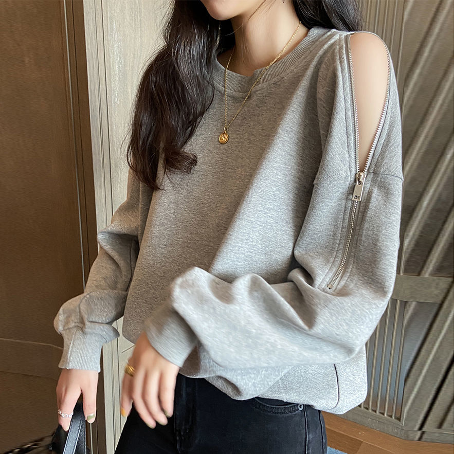 Zipper off-shoulder sweatshirt women's new Korean style loose spring and autumn thin round neck pullover jacket trendy