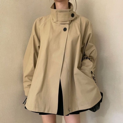 Korean chic autumn retro niche stand-up collar two-button design loose casual long-sleeved windbreaker jacket for women