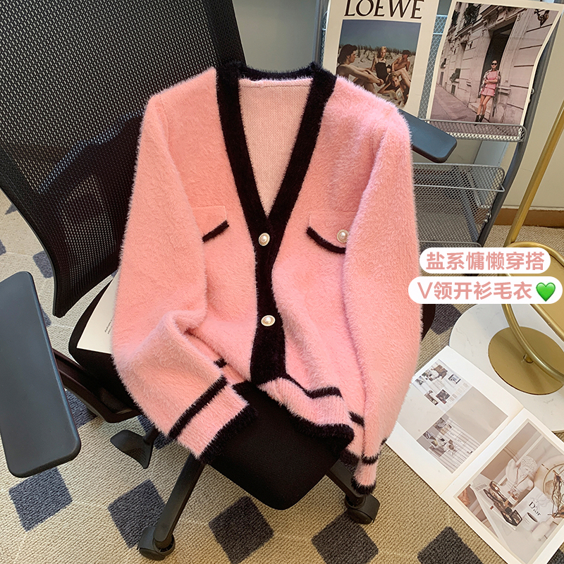 Xiaoxiangfeng mink fur coat female 2023 autumn and winter new celebrity temperament loose v-neck knitted sweater cardigan top