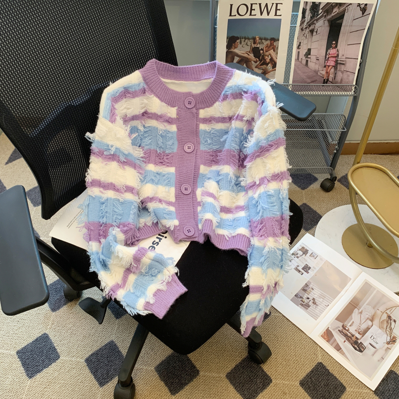 Uniquely designed tassel striped knitted cardigan for women in early autumn, sweet and slim short sweater jacket