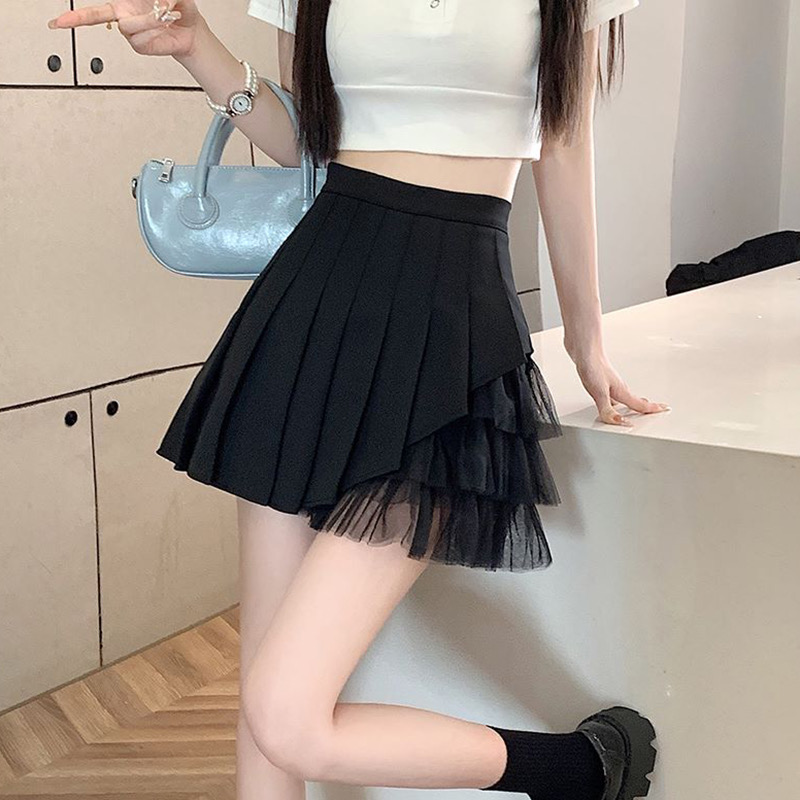 Mesh pleated skirt female summer hot girl niche petite short skirt high waist slimming A-line skirt