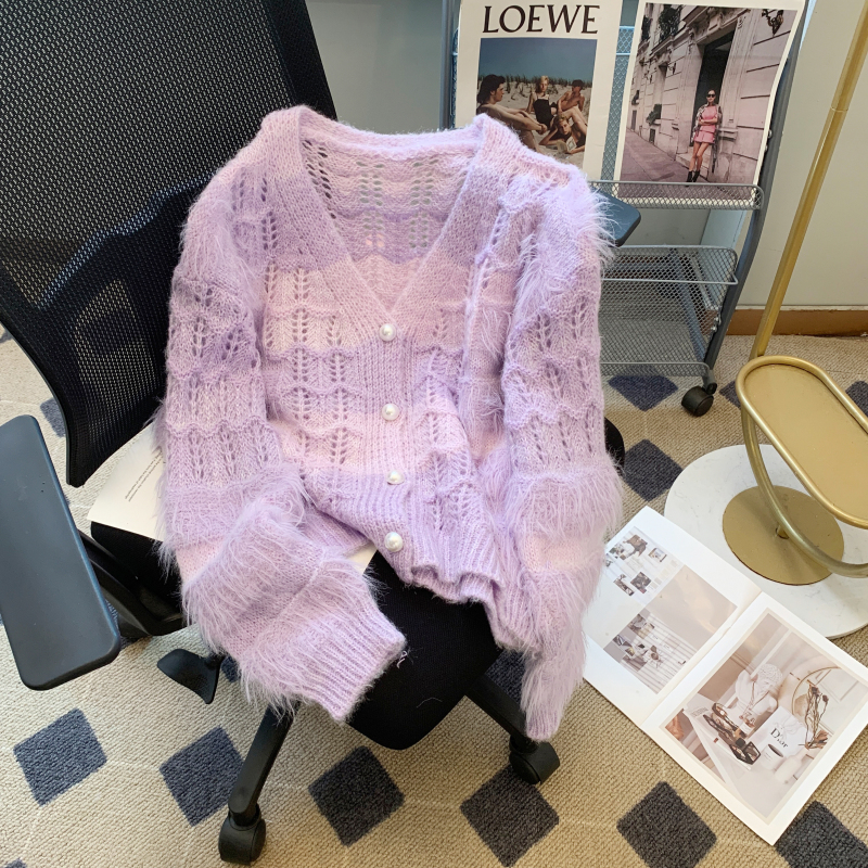 Gentle style purple sweater cardigan for women spring and autumn imitation mink fur soft and waxy loose V-neck knitted jacket ins trend